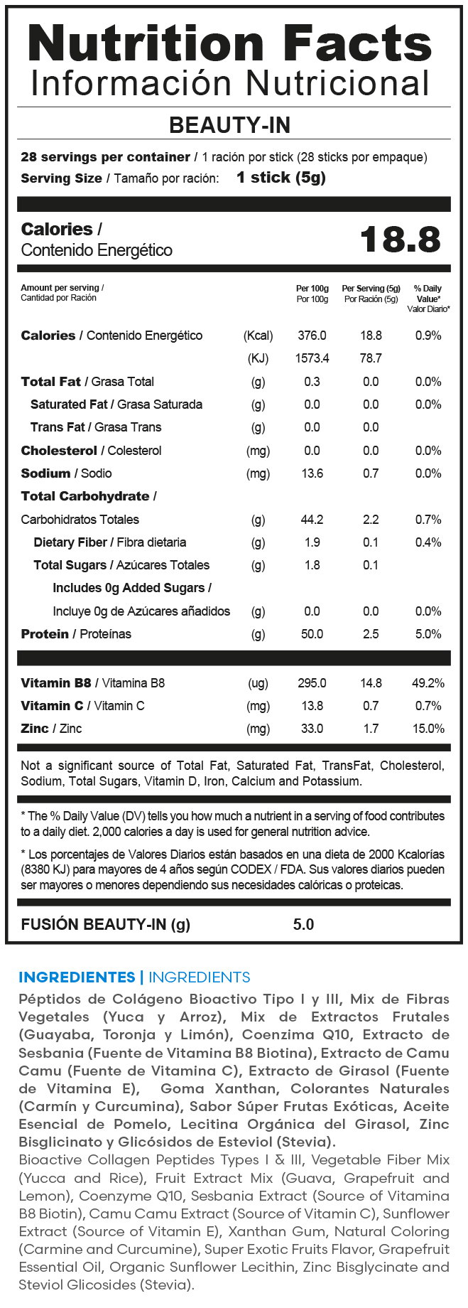 Tabla nutricional oficial BEAUTY-IN