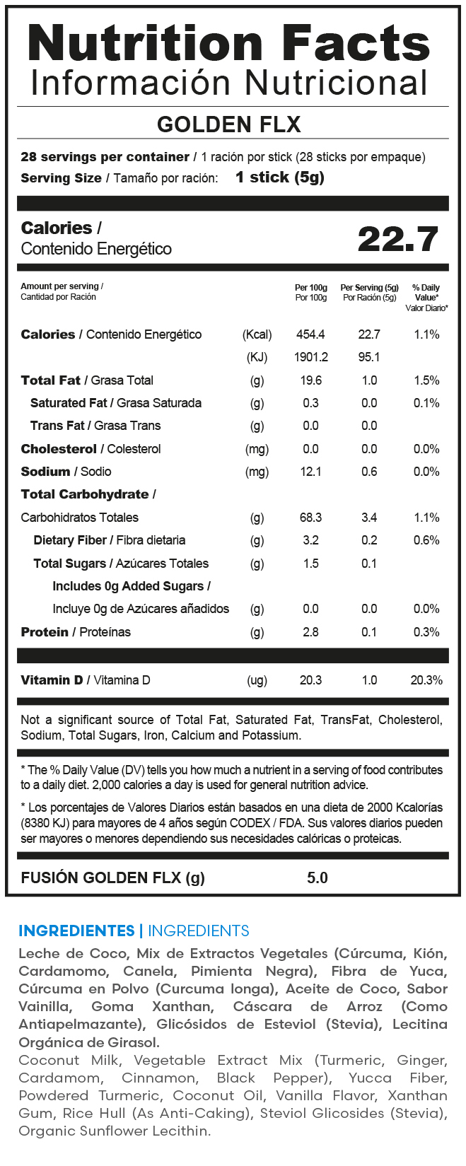 Tabla nutricional oficial GOLDEN FLX