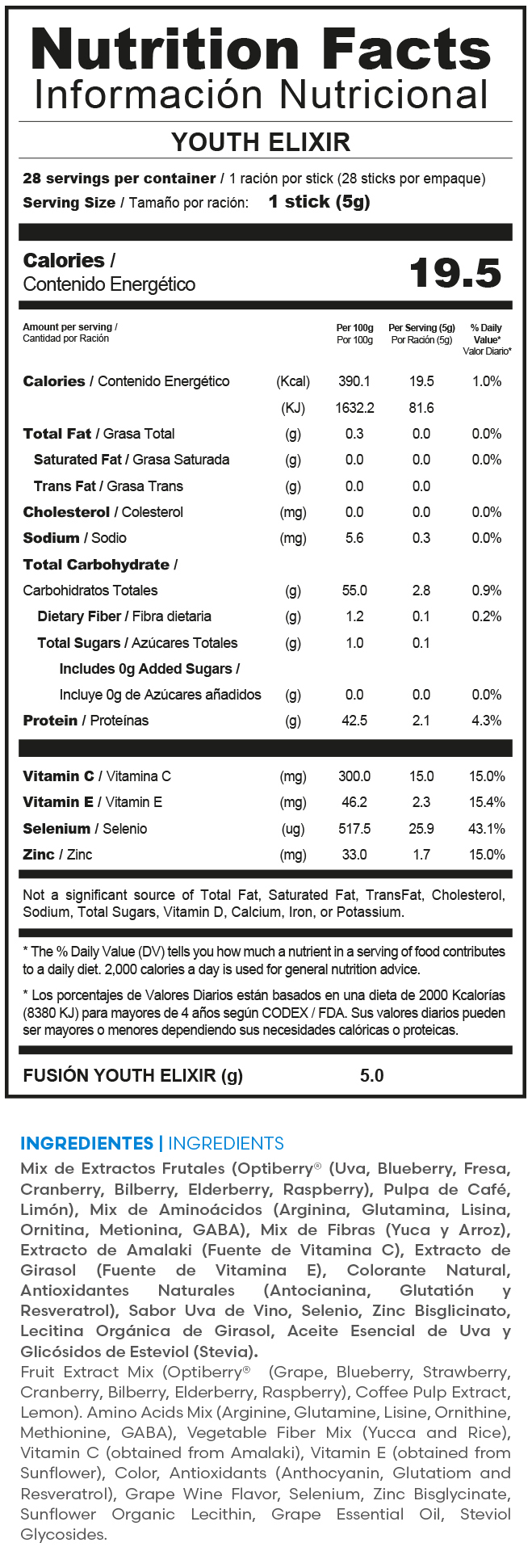 Tabla nutricional oficial YOUTH ELIXIR HGH