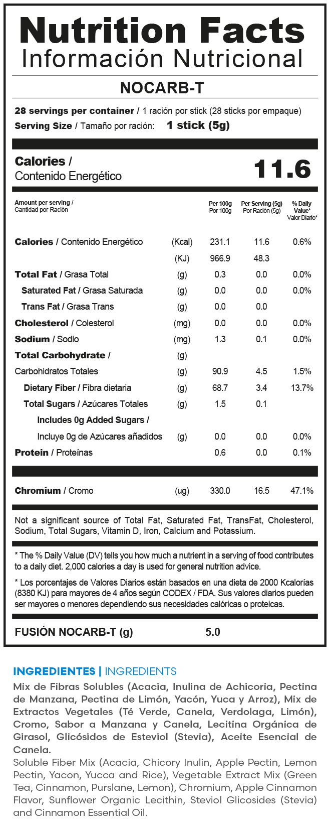 Tabla nutricional oficial NOCARB-T