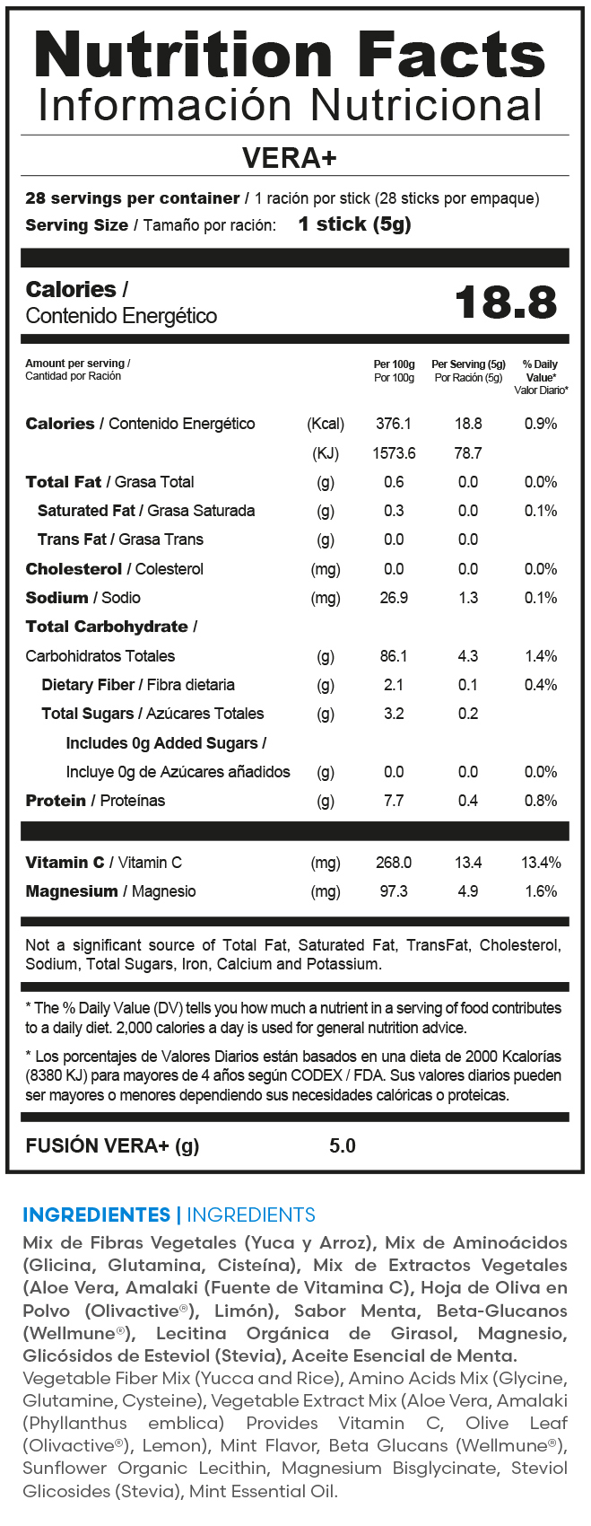 Tabla nutricional oficial VERA+