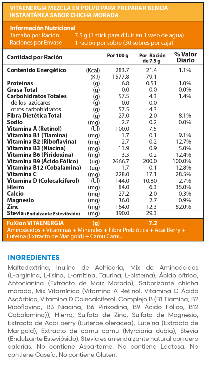 Tabla nutricional oficial VITAENERGIA