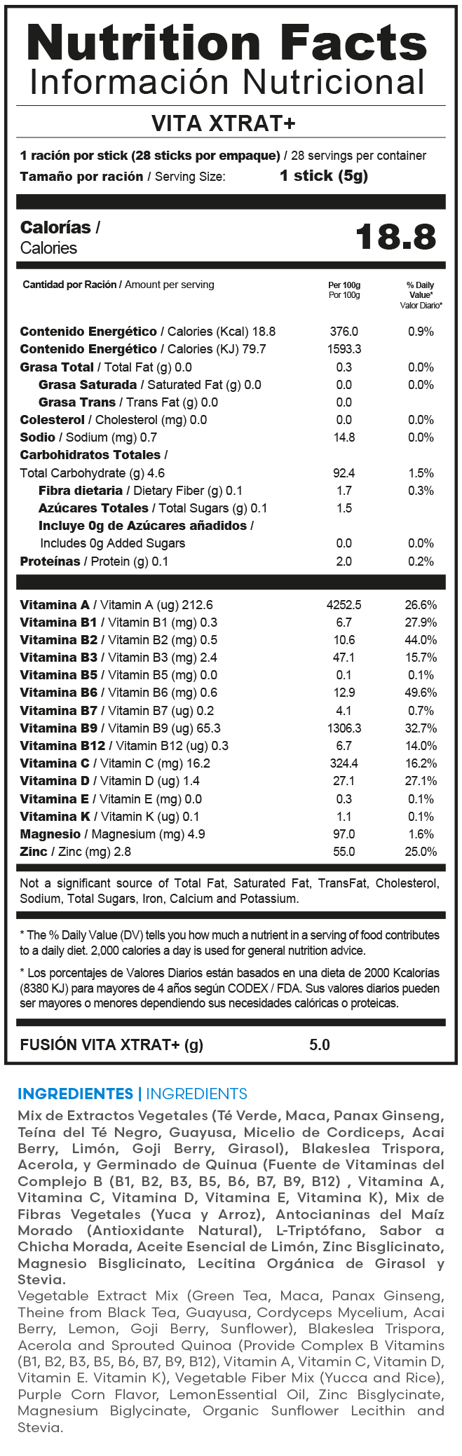 Tabla nutricional oficial VITA XTRA T+