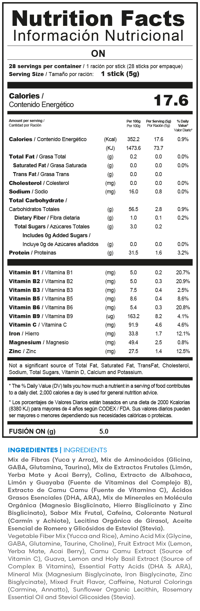 Tabla nutricional oficial LÍNEA VIGOR MENTAL