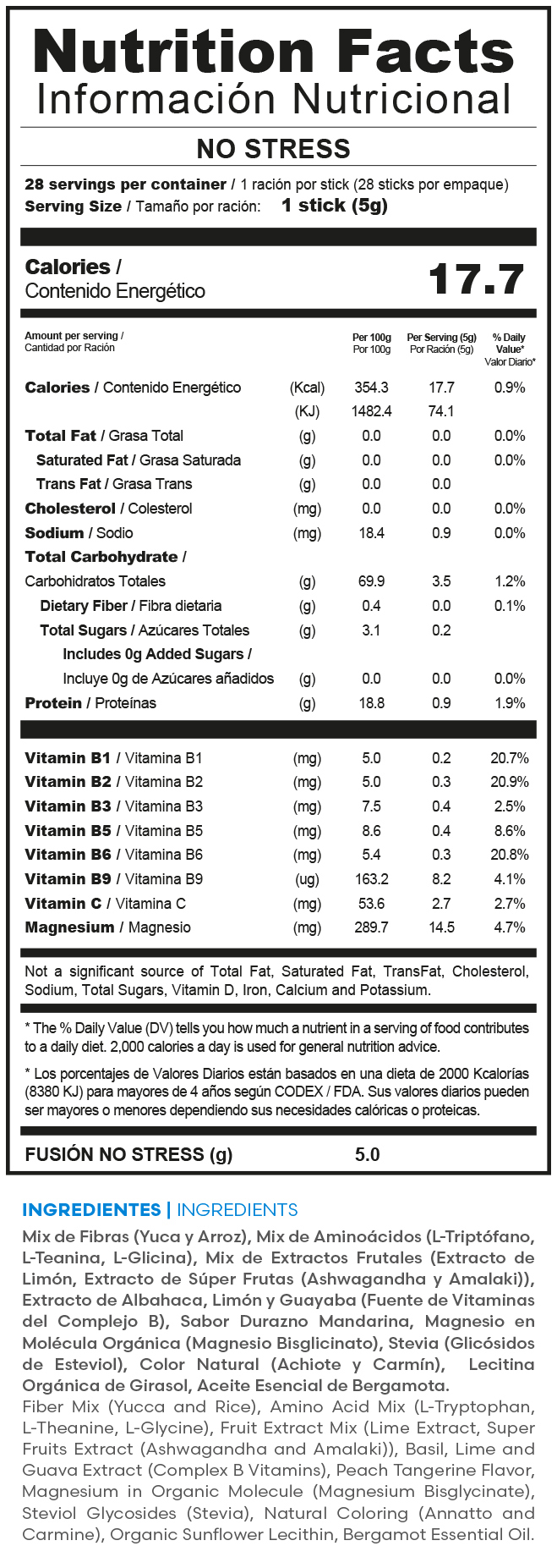 Tabla nutricional oficial NO STRESS por porción de 5.5 g